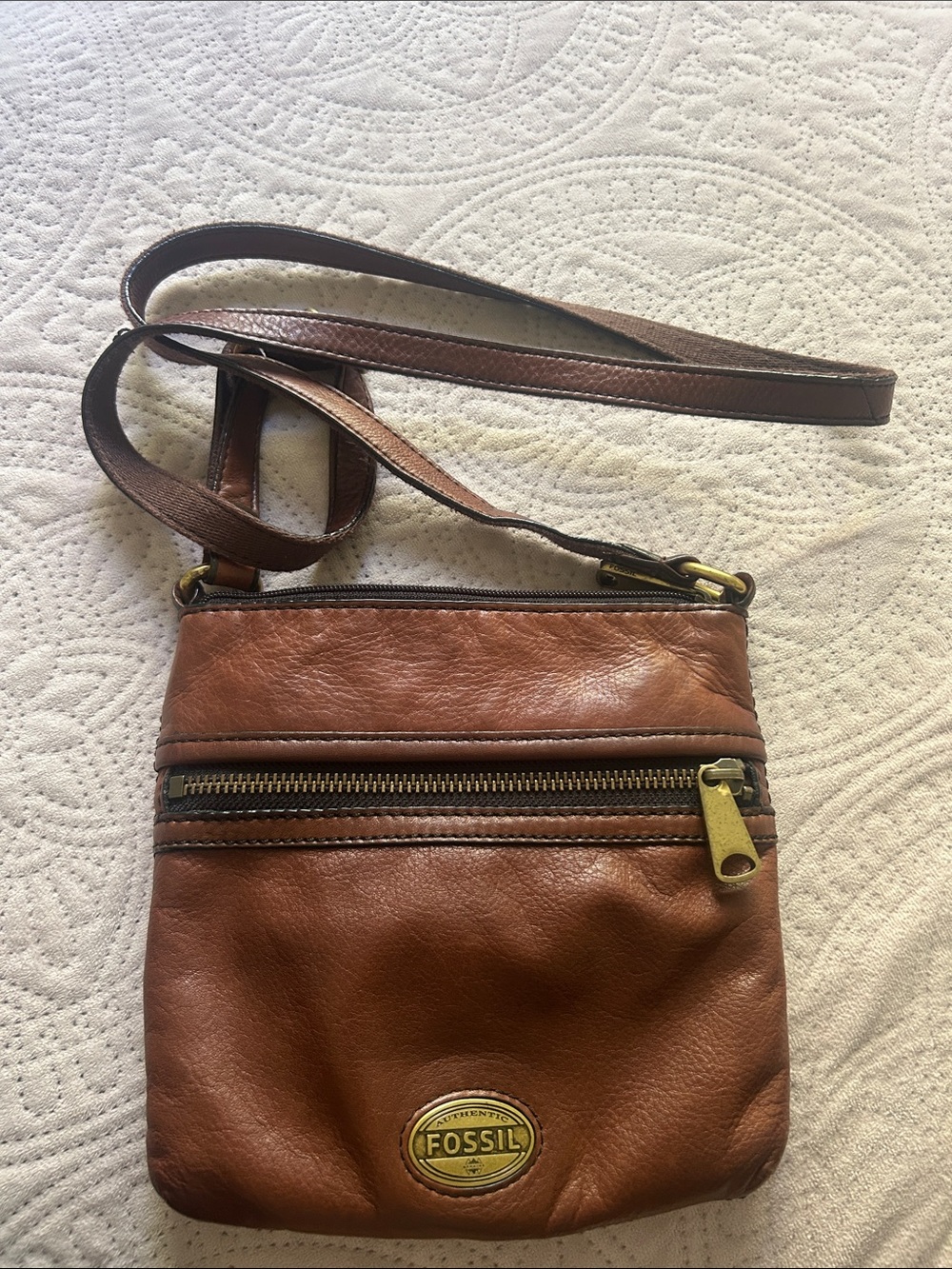 VintageFossil brown Leather Crossbody Bag with Brass Accents